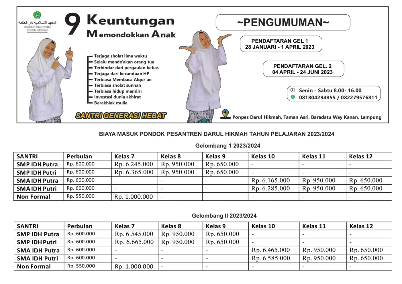 Biaya Masuk Gelombang  03/04 - Pondok Pesantren Darul Hikmah